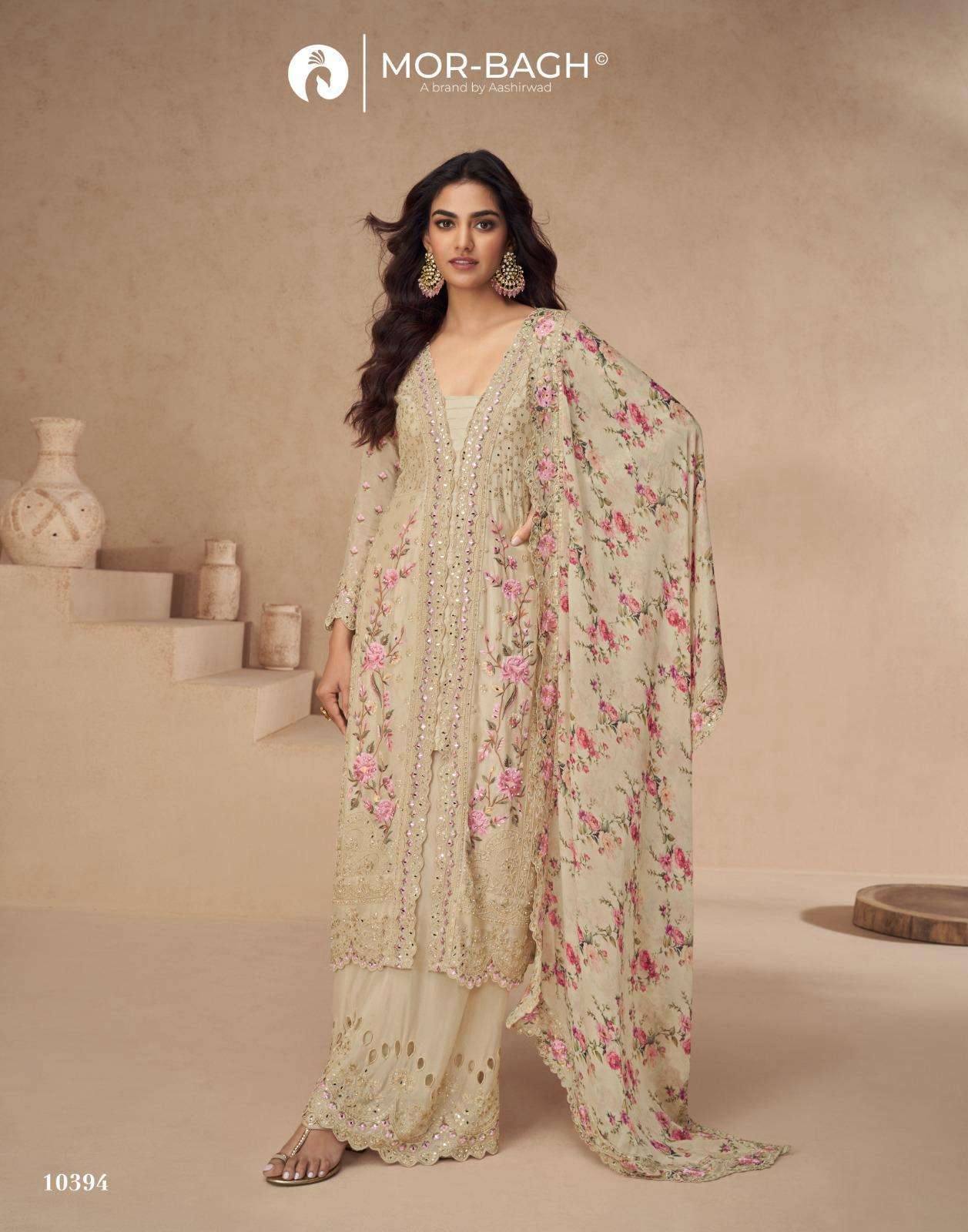 AASHIRWAD CREATION AARNA COLOUR PLUS 10394 TO 10398  SERIES PURE CHINNON SILK EMBROIDERY DRESSES-000...