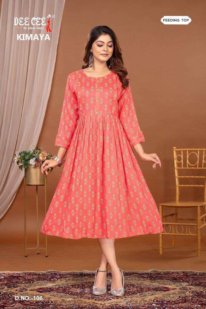 DEE CEE KIMAYA 1001 TO 1006 SERIES DESIGNER FANCY RAYON PRINT KURTIS-00014