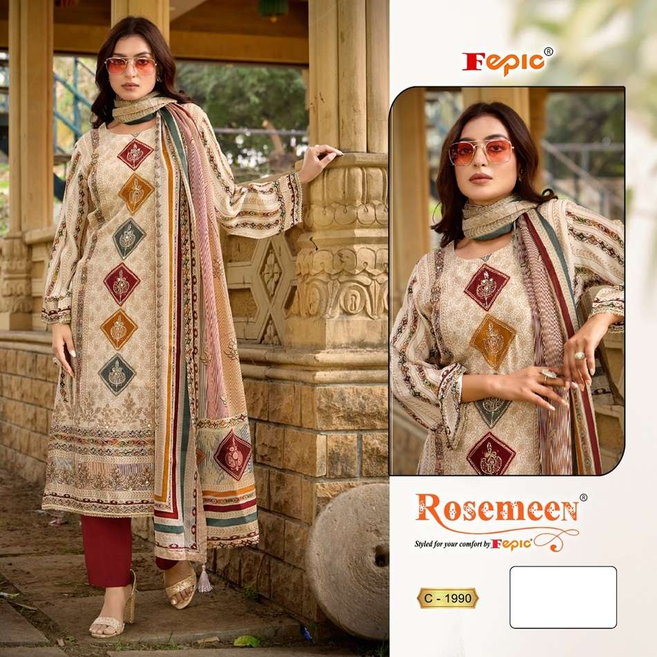 FEPIC ROSEMEEN C-1990 DESIGNER NATURAL CRAPE HEAVY EMBROIDERY DRESSES-00201