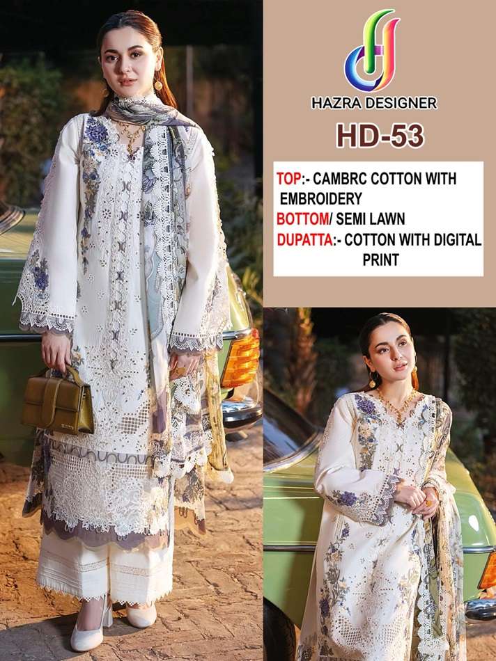 HAZRA DESIGNER HD-53 HIT DESIGN CAMBRIC COTTON EMBROIDERY PAKISTANI DRESSES-00022