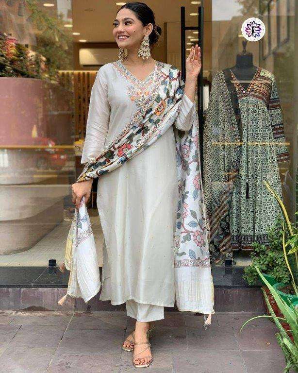 KF-4045 BY ASLIWHOLESALE DESIGNER PURE VICOSE CHANDERI EMBROIDERY DRESSES-00096