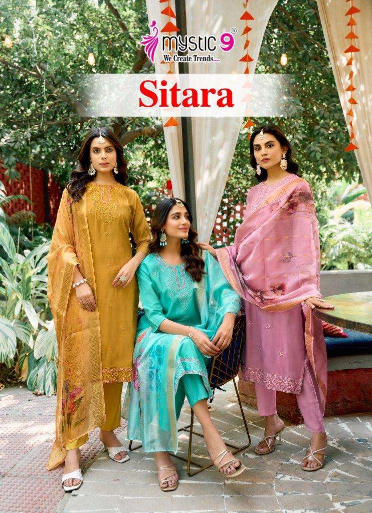 MYSTIC 9 SITARA VOL-01 1001 TO 1008 SERIES ROMAN SILK PRINT DRESSES-00140