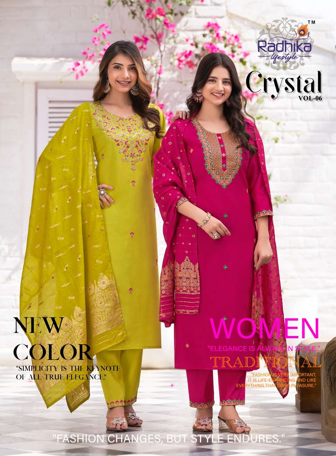 RADHIKA LIFESTYLE CRYSTAL VOL-06 6001 TO 6006 SERIES ROMAN SILK DRESSES-00140