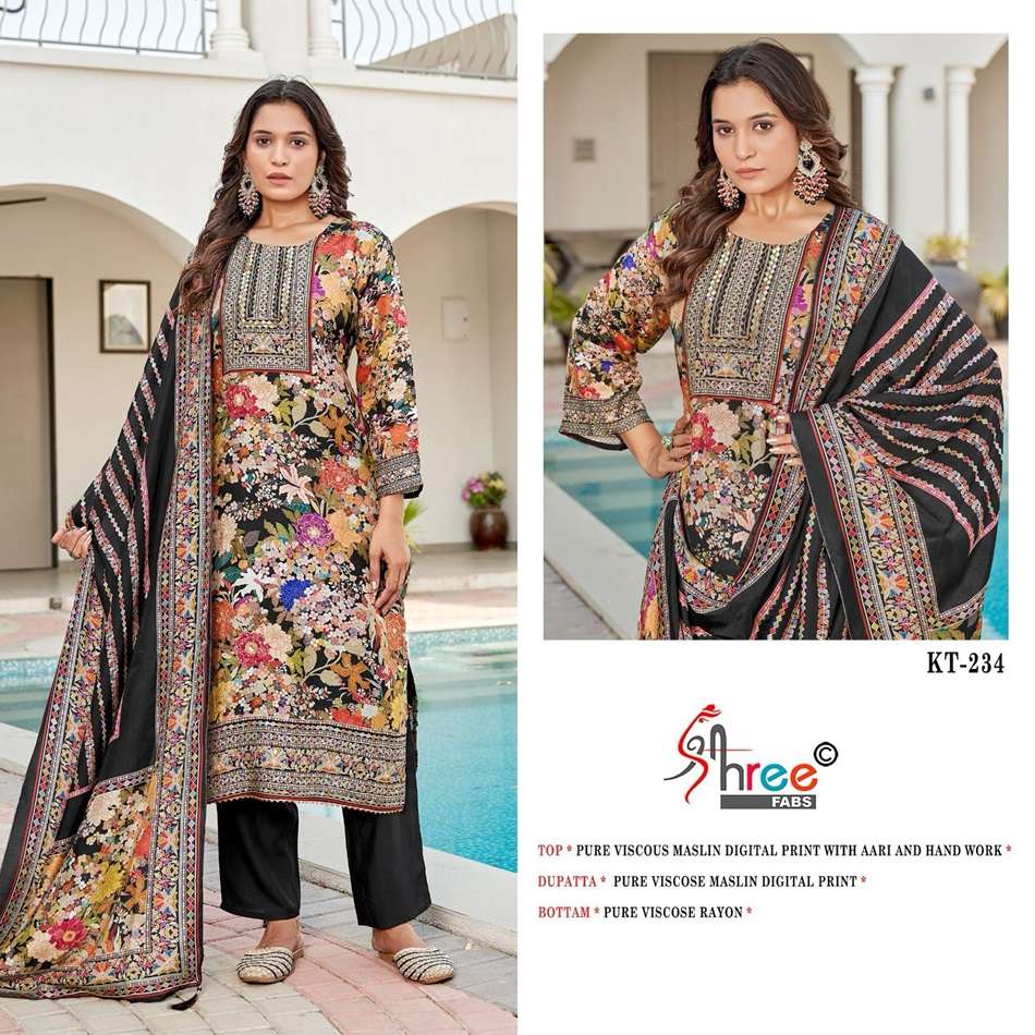 SHREE FABS KT-234 COLOURS DESIGNER VISCOSE MUSLIN EMBROIDERY PAKISTANI DRESSES-00201