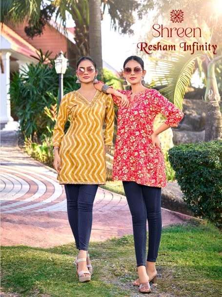 SHREEN DESUGNER RESHAM INFINITY 1001 TO 1007 SERIES PURE RAYON PRINTED TUNICS-00014