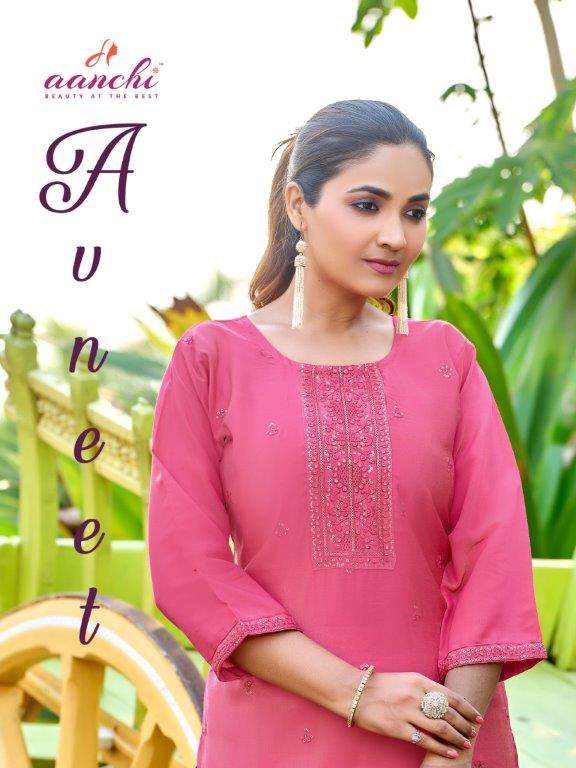 AANCHI AVNEET PURE ROMAN SHIMMER FANCY  EMBROIDERY KURITS-00286