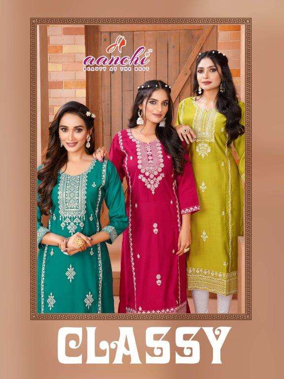 AANCHI CLASSY 100099 TO 1001002 SERIES PURE ROMAN SILK EMBROIDERY KURTIS-00286