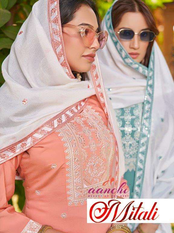 AANCHI MITALI PURE ROMAN SILK EMBROIDERY DRESSES-00286