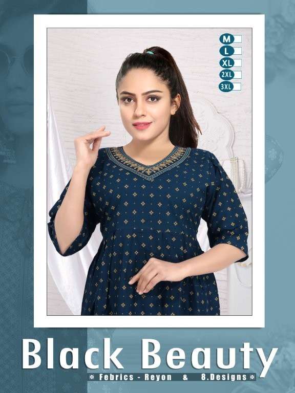 BALCK BEAUTY BY ASLIWHOLESALE DESIGNER PURE RAYON PRINTED KURTIS-00093