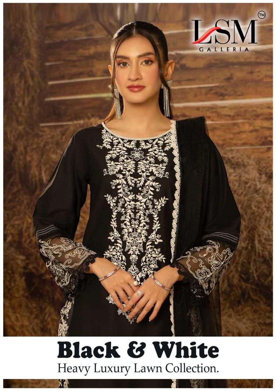 LSM GALLERIA BLACK AND WHITE 111 TO 116 SERIES PURE LAWN EMBROIDERY PAKISTANI DRESSES-00201