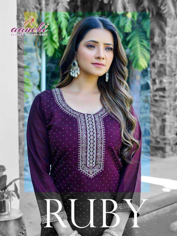 AANCHI RUBY 1001 TO 1005 SERIES PURE VICHITRA SHIMMER EMBROIDERY KURTI-00286
