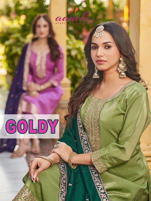AANCHI GOLDY PURE ROMAN SHIMMER FANCY EMBROIDERY DRESSES-00286