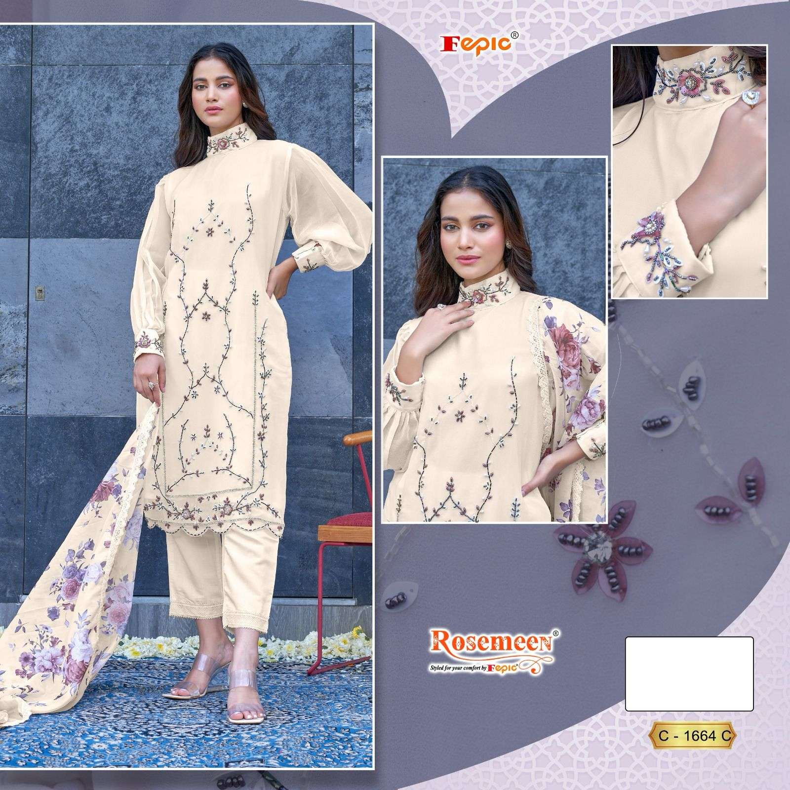 FEPIC ROSEMEEN C-1664 GEORGETTE EMBROIDERY PRINTED DRESSES-00201