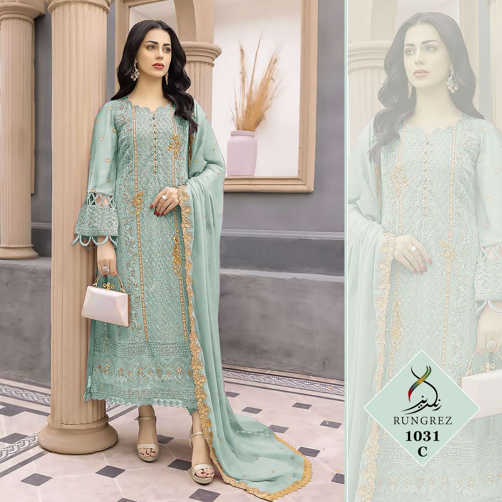 RUNGREZ R-1031 PURE FAUX GEORGETTE EMBROIDERY PAKISTANI DRESS-00201