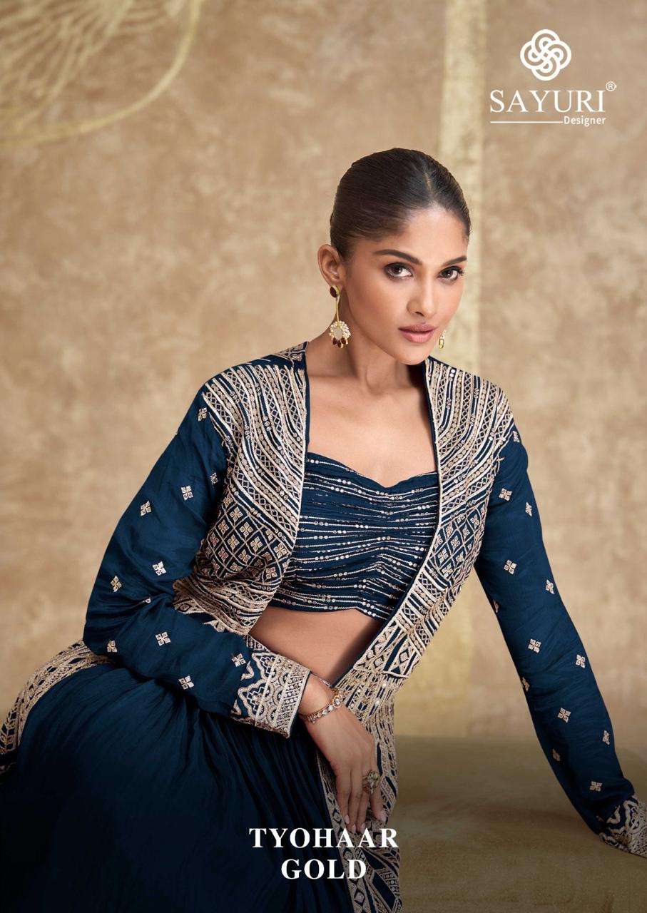 SAYURI TYOHAAR GOLD PURE CHINON SILK EMBROIDERY DRESSES-00150
