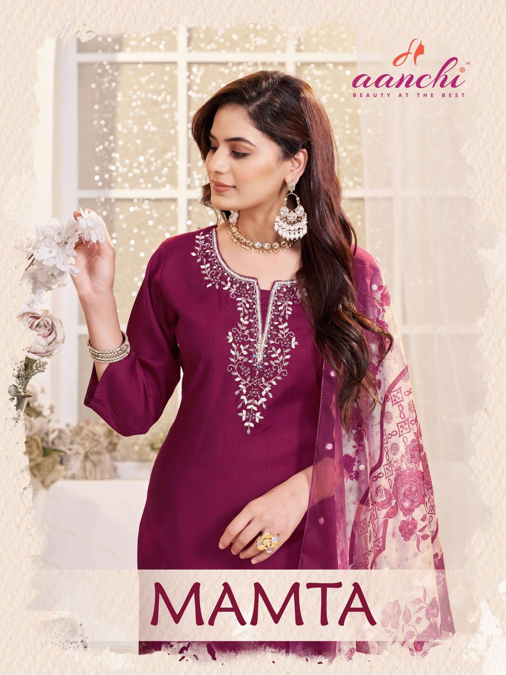 AANCHI MAMTA 1001 TO 1005 SERIES PURE ROMAN SILK EMBRIDERY DRESSES-00286