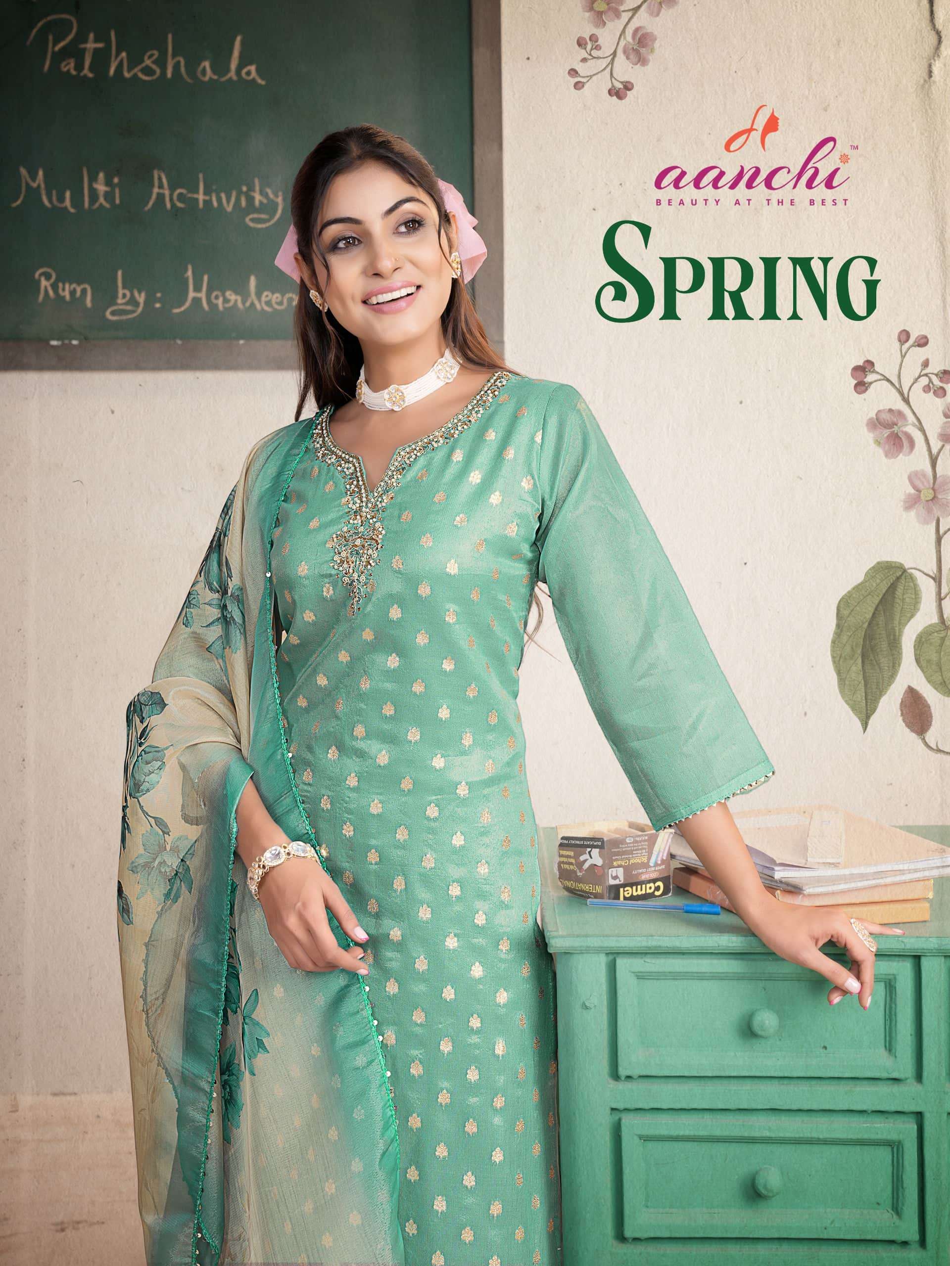 AANCHI SPRING 1001 TO 1004 SERIES PURE TISSUE BUTTI EMBROIDERY DRESSES-00286