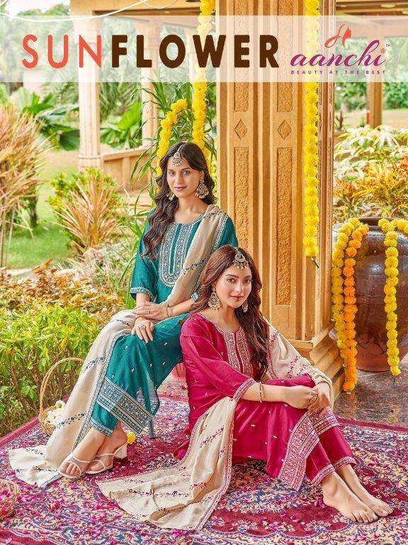 AANCHI SUNFLOWER PURE SILK EMBROIDERY DRESSES-00286