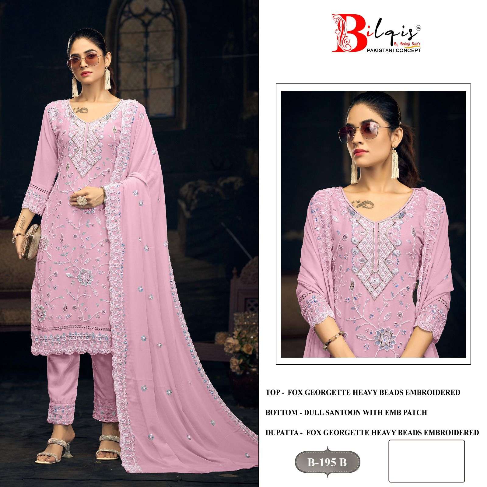 BILQIS B-195 B-195-A TO 195-D SERIES PURE FAUX GEORGETTE EMBROIDERY PAKISTANI DRESSES-00201