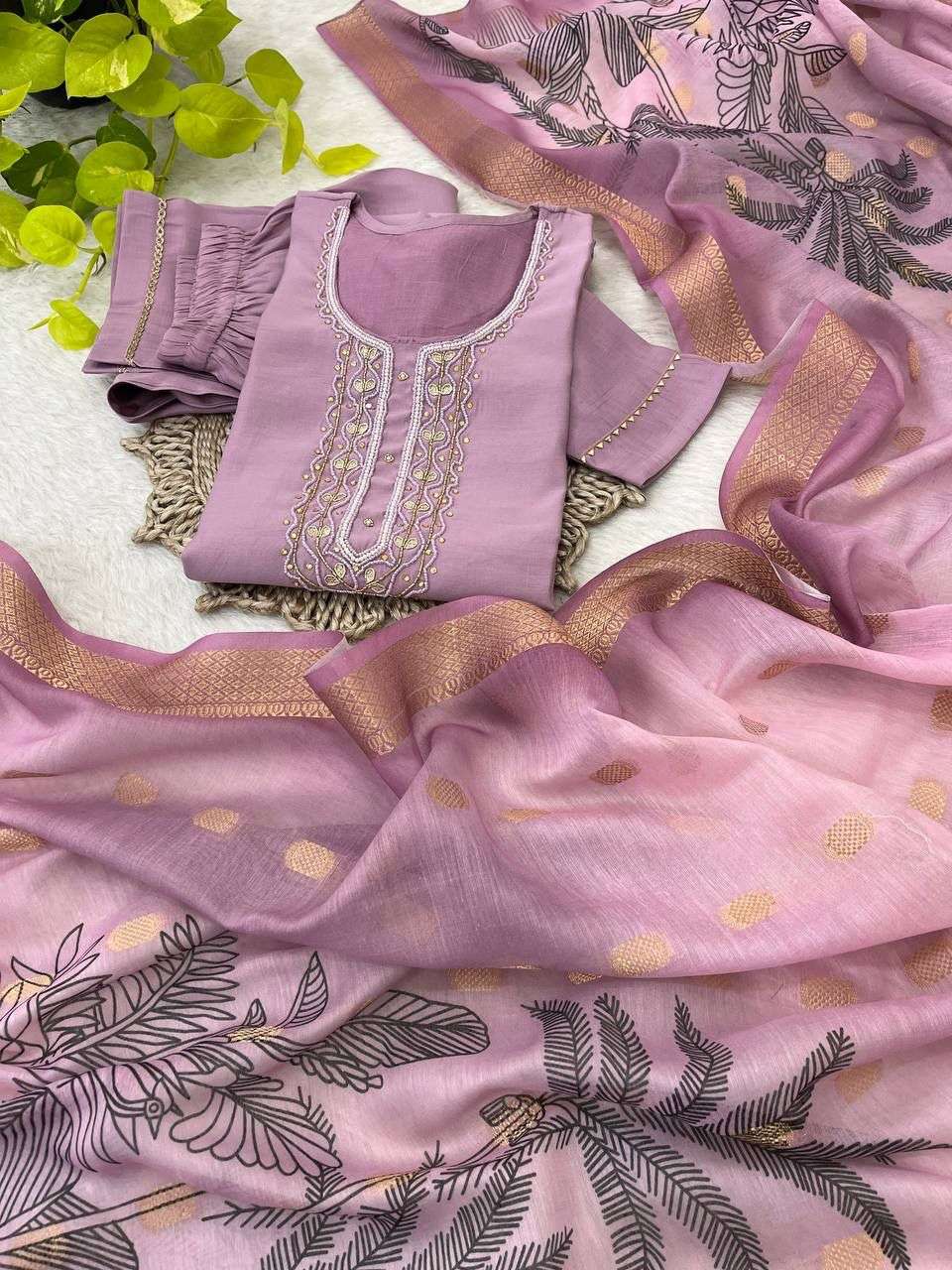 DN-375 BY ASLIWHOLESALE DESIGNER PURE ROMAN SILK EMBROIDERY DRESSES-00232