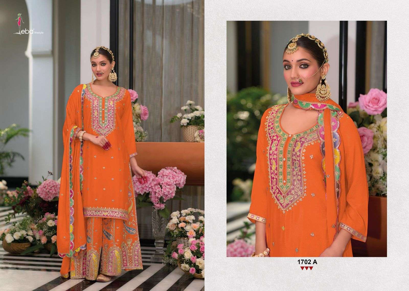 EBA LIFESTYLE SAFROON VOL-3 COLOUR 1702-A TO 1702-B SERIES PURE CHINON EMBROIDERY DRESSES-00289