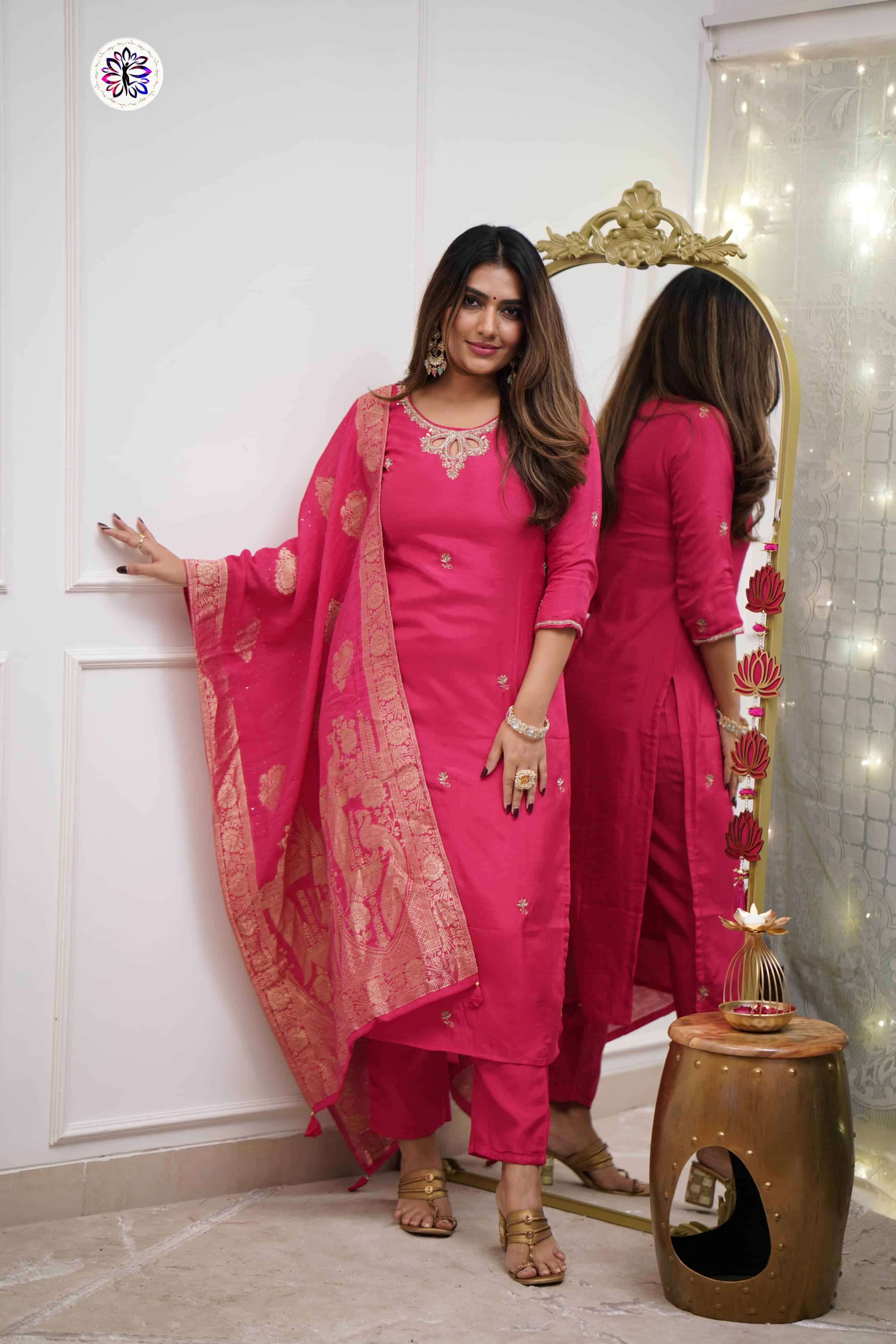 KF-4028 BY ASLIWHOLESALE DESIGNER PURE VISCOSE CHANDERI EMBROIDERY DRESSES-00096