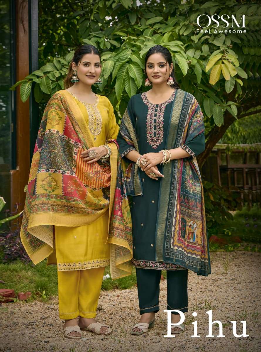OSSM PIHU 1001 TO 1006 SERIES PURE VISCOSE ROMAN SILK EMBROIDERY DRESSES-00201