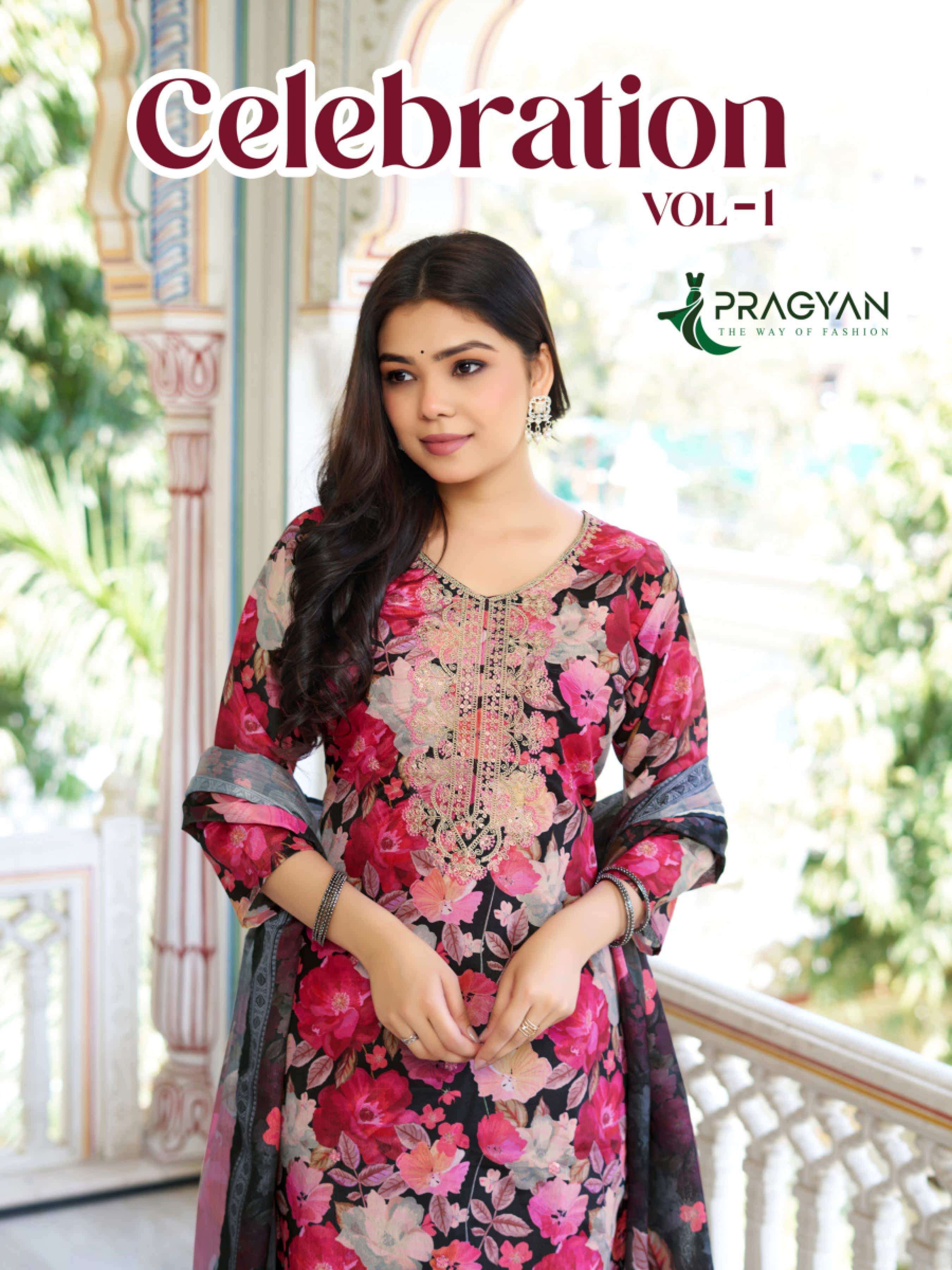 PRAGYAN CELEBRATION VOL-01 1001 TO 1006 SERIES PURE CHINON PRINTED DRESSES-00140