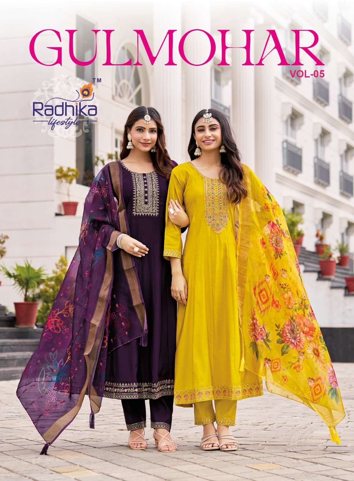 RADHIKA LIFESTYLE GULMOHAR VOL-05 5001 TO 5006 SERIES PURE ROMAN SILK EMBROIDERY DRESSES-00140
