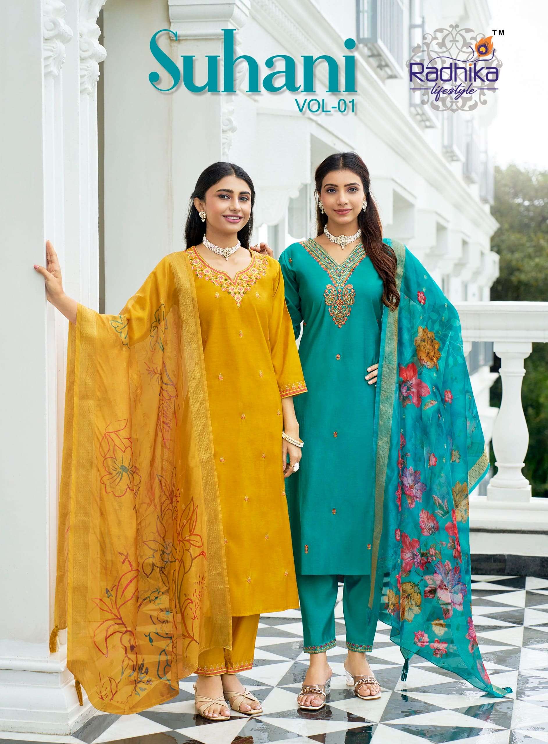 RADHIKA LIFESTYLE SUHANI VOL-01 1001 TO 1006 SERIES PURE ROMAN SILK EMBROIDERY DRESSES-00014