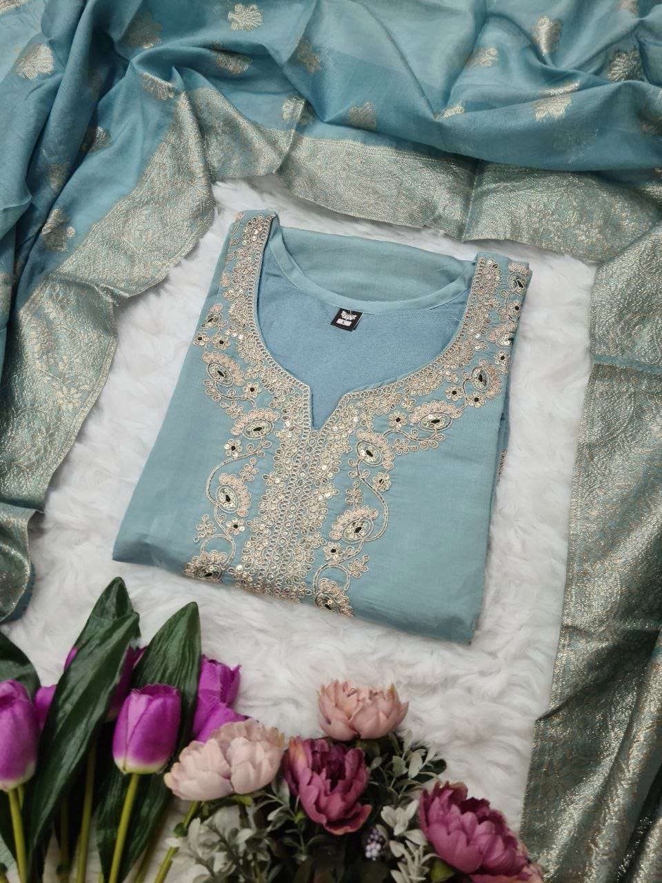 SAKSHI BY ASLIWHOLESALE DESIGNER PURE VISCOSE CHANDERI EMBROIDERY DRESSES-00264
