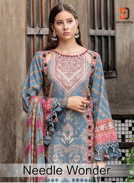 SHRADDHA DESIGNER NEEDLE WONDER VOL-01 1001 TO 1004 SERIES PURE LAWN COTTON EMBROIDERY DRESSES-00201