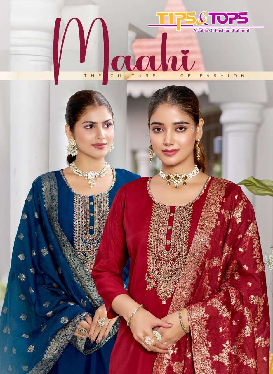 TIPS AND TOPS MAAHI 101 TO 106 SERIES PURE ROMAN SILK EMBROIDERY DRESSES-00140