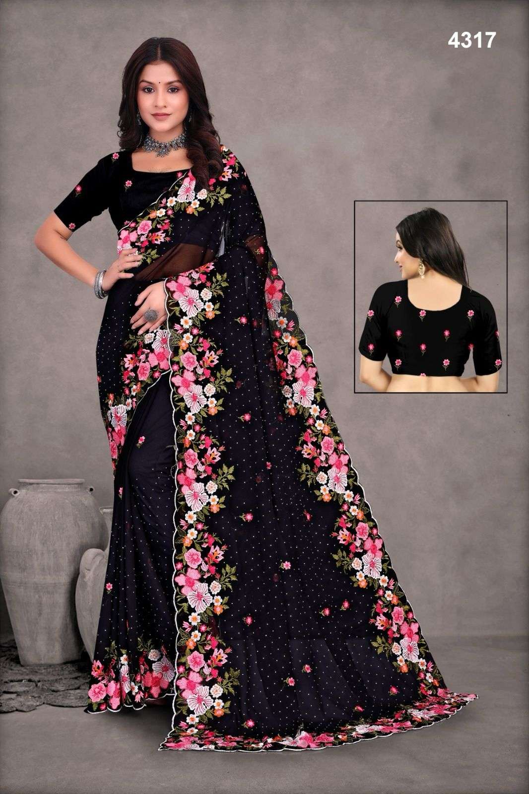 4317 & 3863 COLOUR BY ASLIWHOLESALE DESIGNER PURE GEORGETTE EMBROIDERY PRINTED SAREES-00103