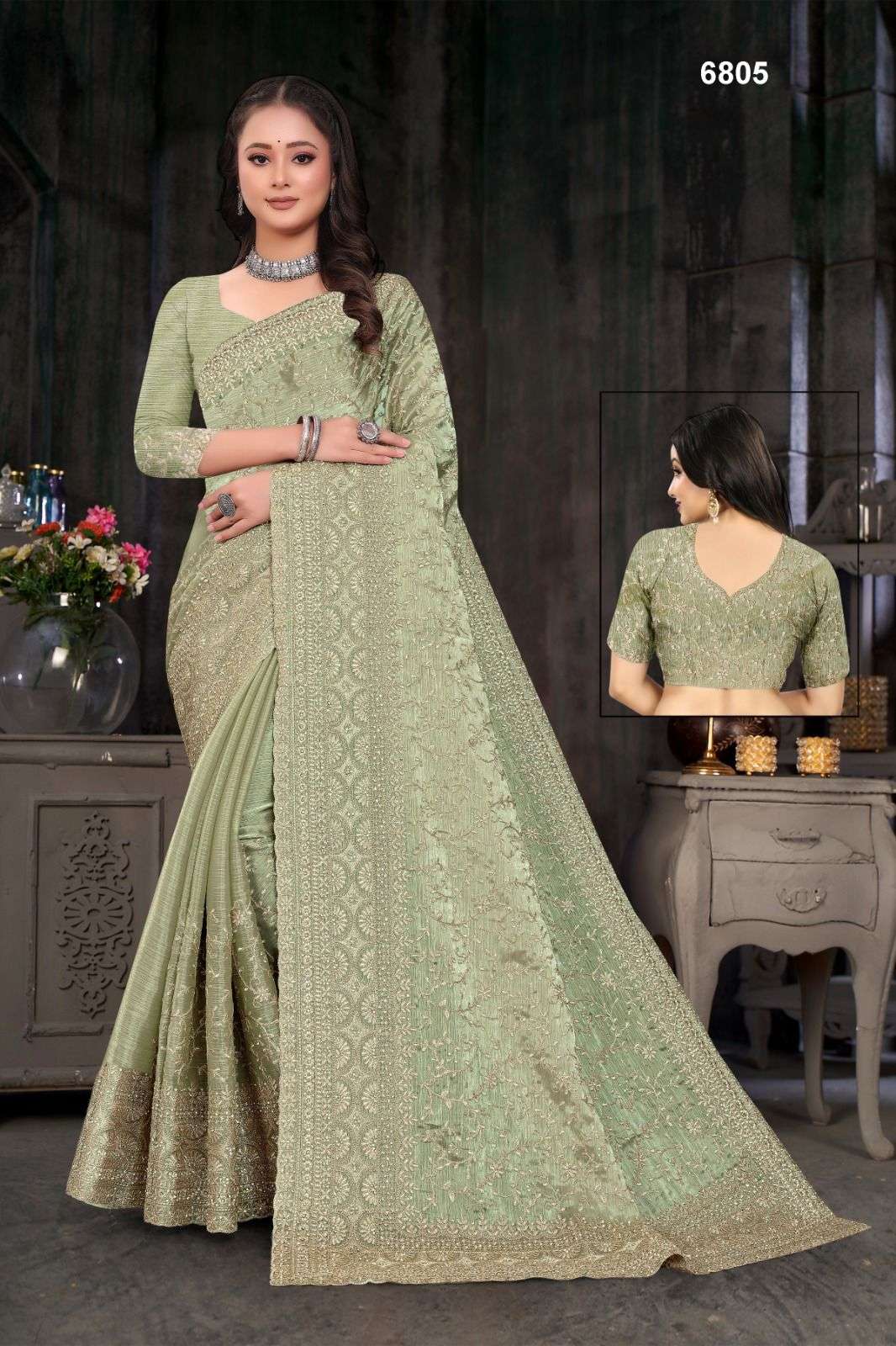 6805 BY ASLIWHOLESALE DESIGNER PURE BURBURY  EMBROIDERY SAREES-00103