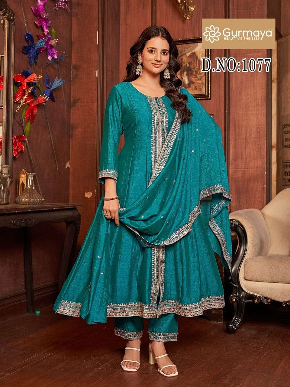 AANCHI GURMAYA 1077 TO 1079 SERIES PURE VICHITRA SILK EMBROIDERY DRESSES-00286