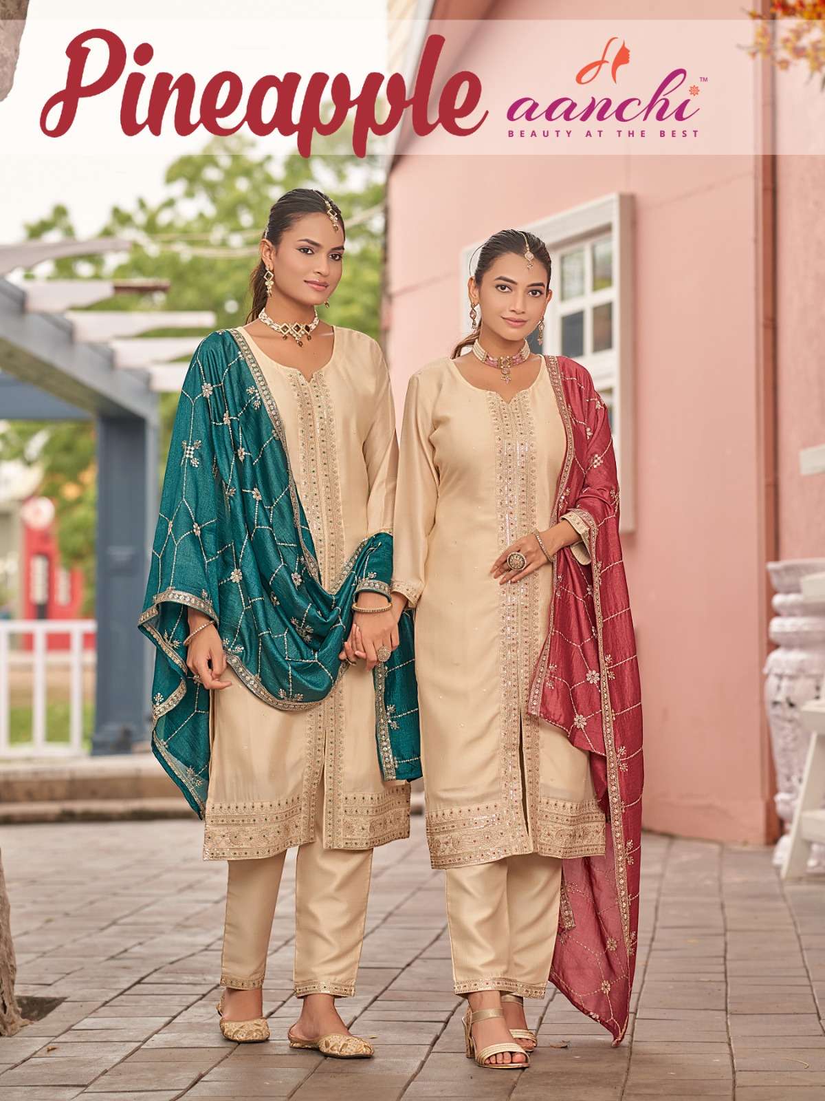 AANCHI PINEAPPLE PURE VICHITRA SILK EMBROIDERY DRESSES-00286