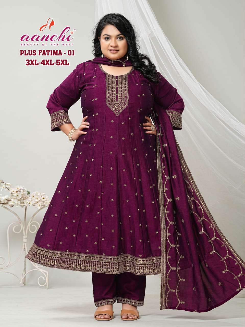 AANCHI PLUS FATIMA 01 TO 03 SERIES PURE VICHITRA SILK EMBROIDERY DRESSES-00286