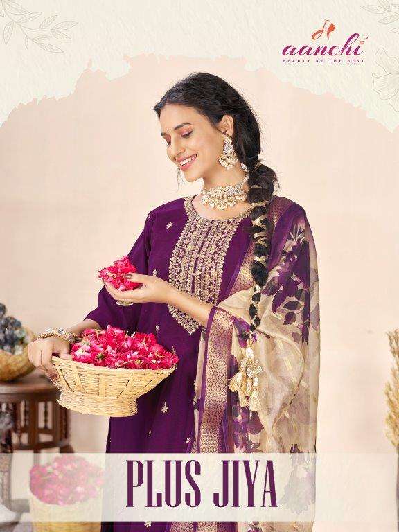 AANCHI PLUS JIYA 1001 TO 1006 SERIES PURE ROMAN SILK EMBROIDERY DRESSES-00286