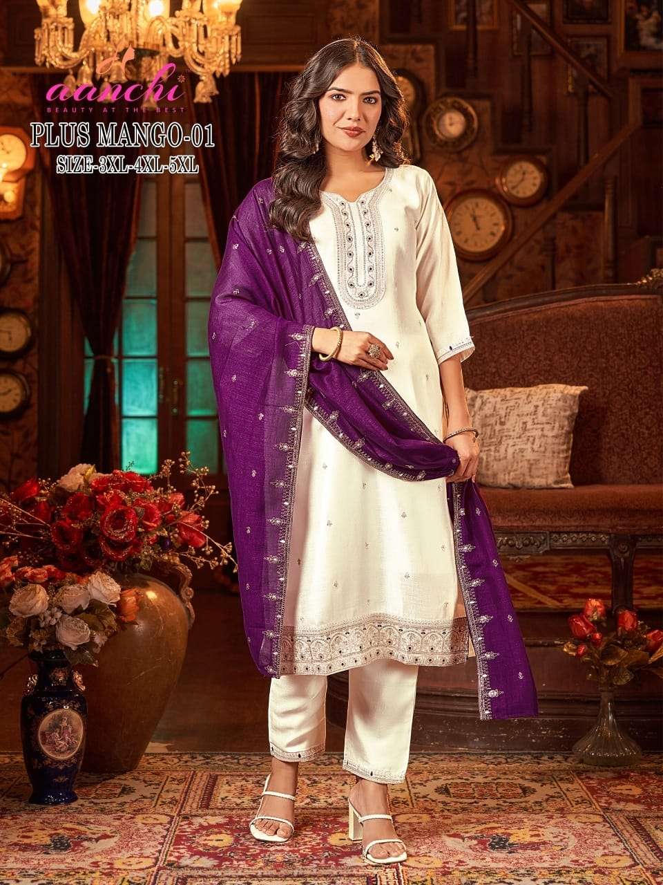 AANCHI PLUS MANGO 01 TO 02 SERIES PURE VCIHITRA SILK EMBROIDERY DRESSES-00286