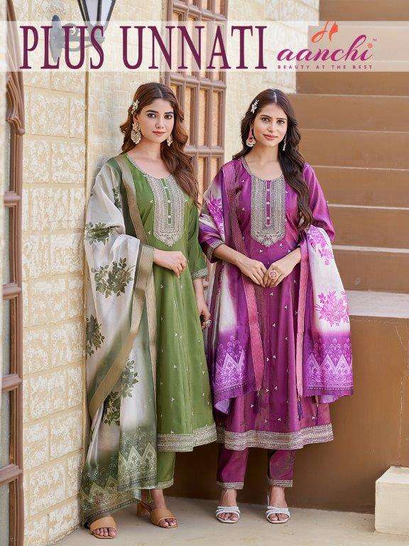 AANCHI PLUS UNNATI PURE ROMAN SHIMMER FANCY EMBROIDERY DRESSES-00286