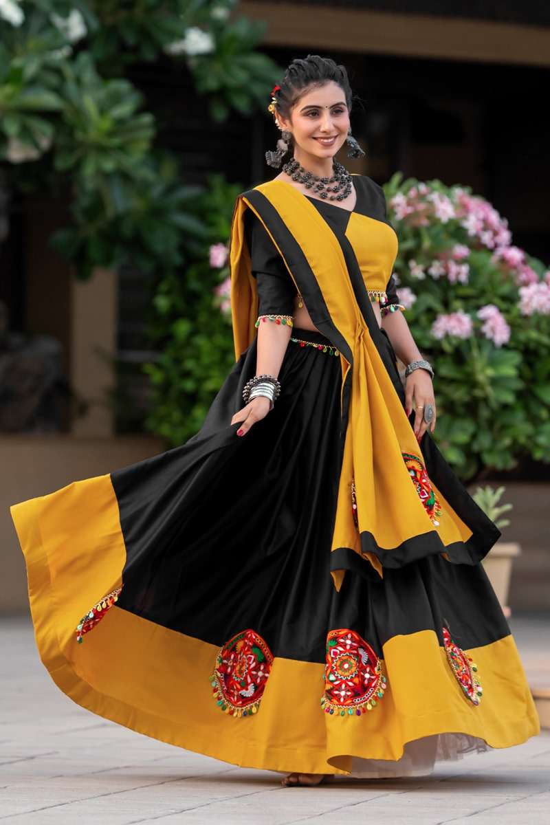 AAWIYA 7066 YELLOW PURE COTTON EMBROIDERY NAVRATRI LEHENGAS-00060