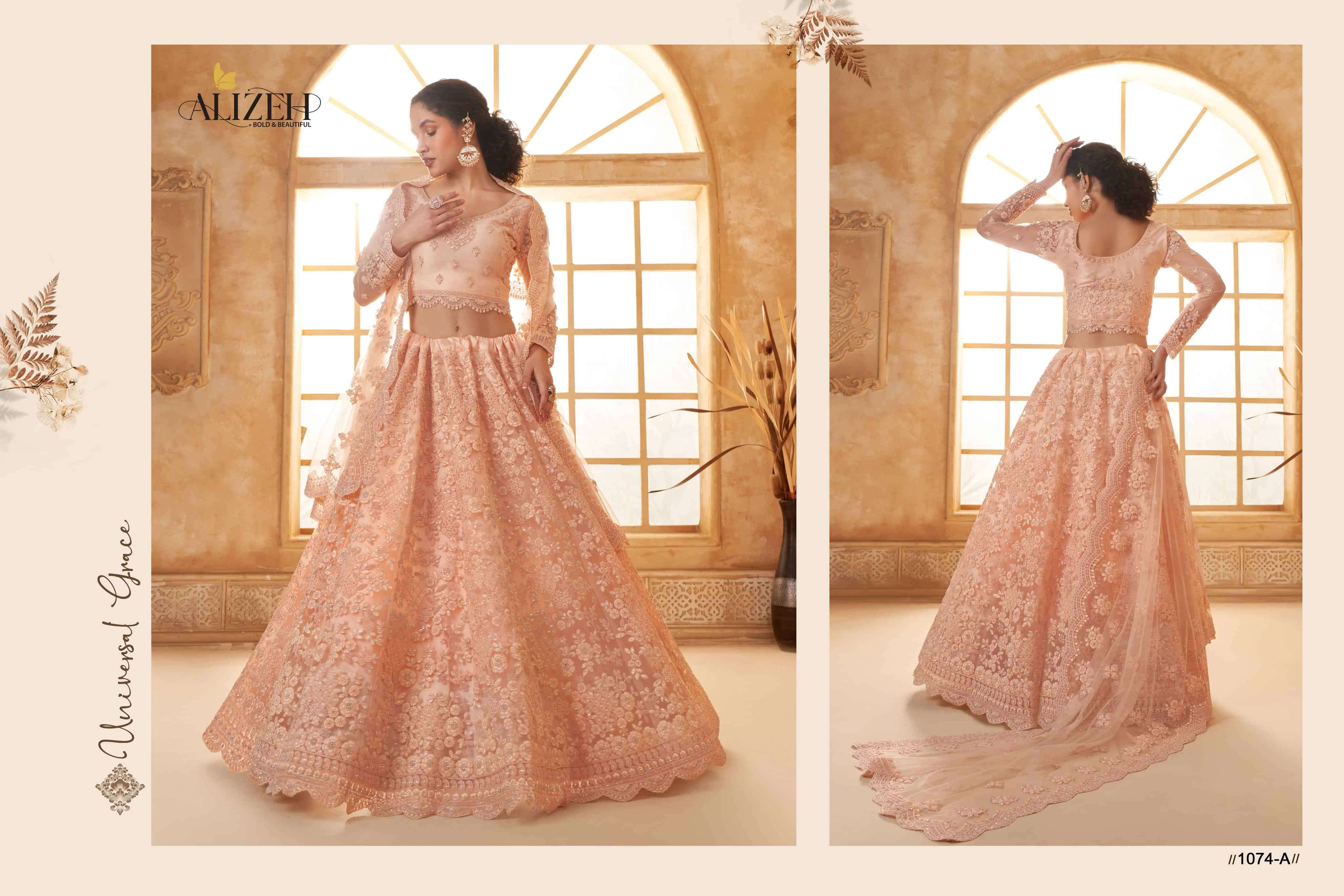 ALIZEH HIT DESIGN 1074 1074-A TO 1074-E SERIES PURE NET EMBROIDERY PRINTED LEHENGAS-00001