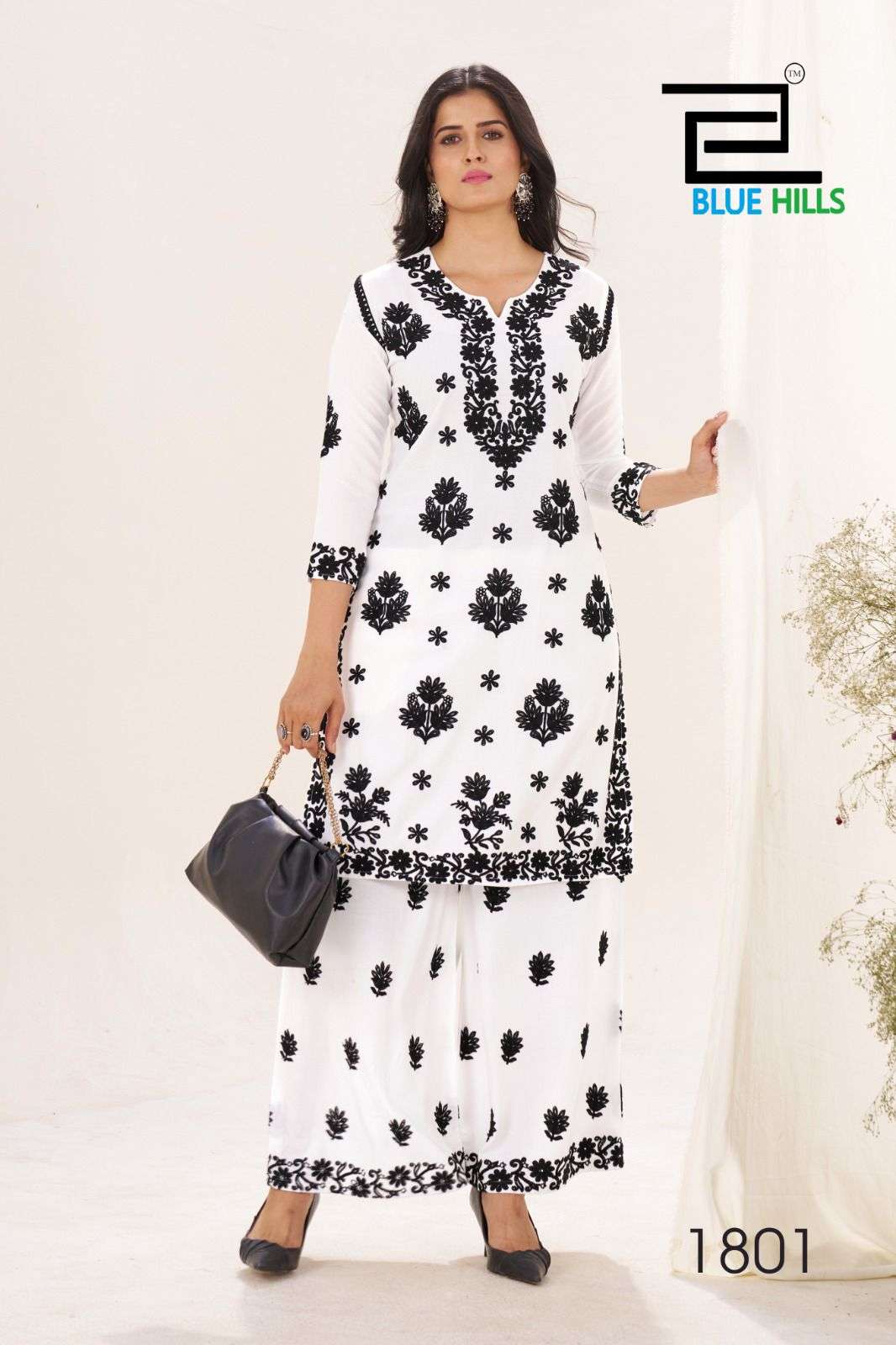 BLUE HILLS BLACK AND WHITE VOL-18 1801 TO 1802 SERIES PURE RAYON THREAD WORK CASUALS-00099