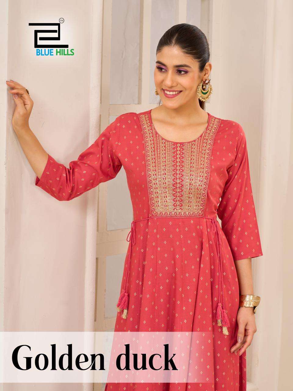 BLUE HILLS GOLDEN DUCK 1001 TO 1004 SERIES PURE RAYON PRINTED KURTIS-00099