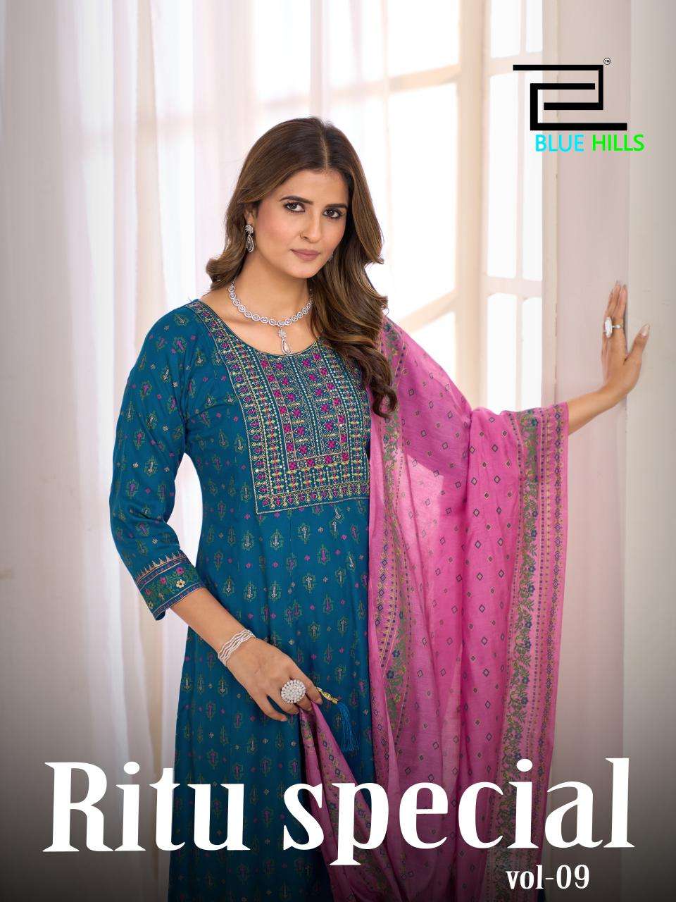 BLUE HILLS RITU SPECIAL VOL-9 9001 TO 9006 SERIES PURE RAYON PRINTED KURTIS-00099