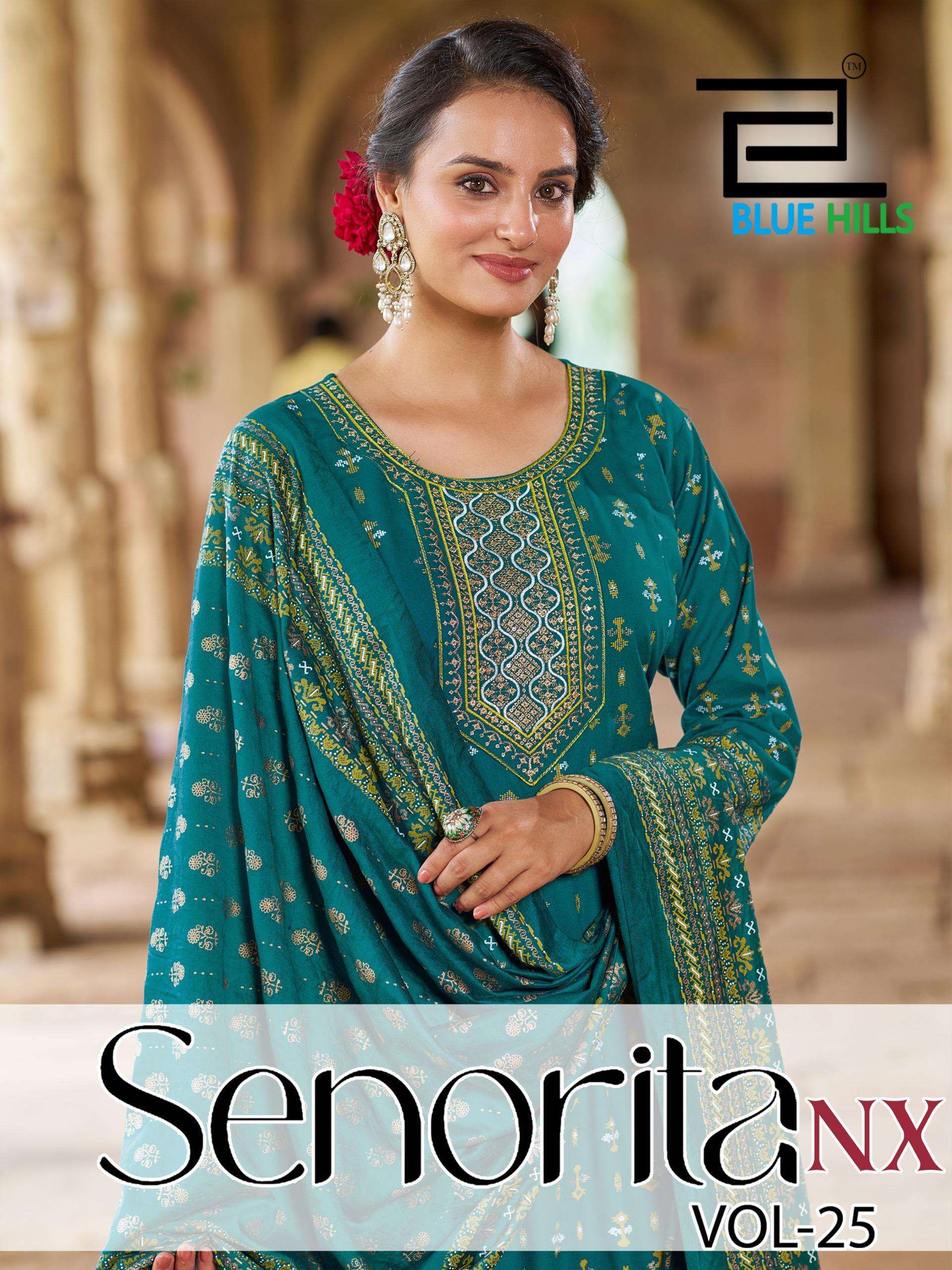 BLUE HILLS SENORITA VOL-25 25001 TO 25006 SERIES PURE RAYON EMBROIDERY PRINTED DRESSES-00099