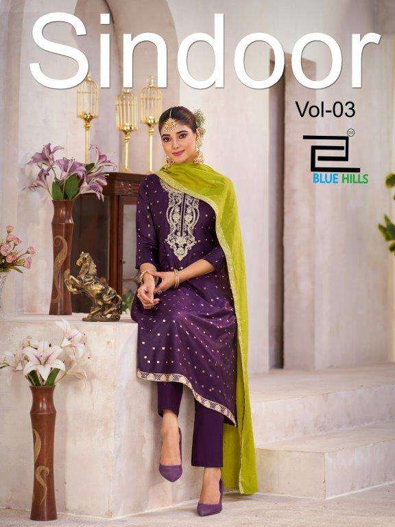 BLUE HILLS SINDOOR VOL-03 3001 TO 3004 SERIES PURE CHANDERI EMBROIDERY DRESSES-00099