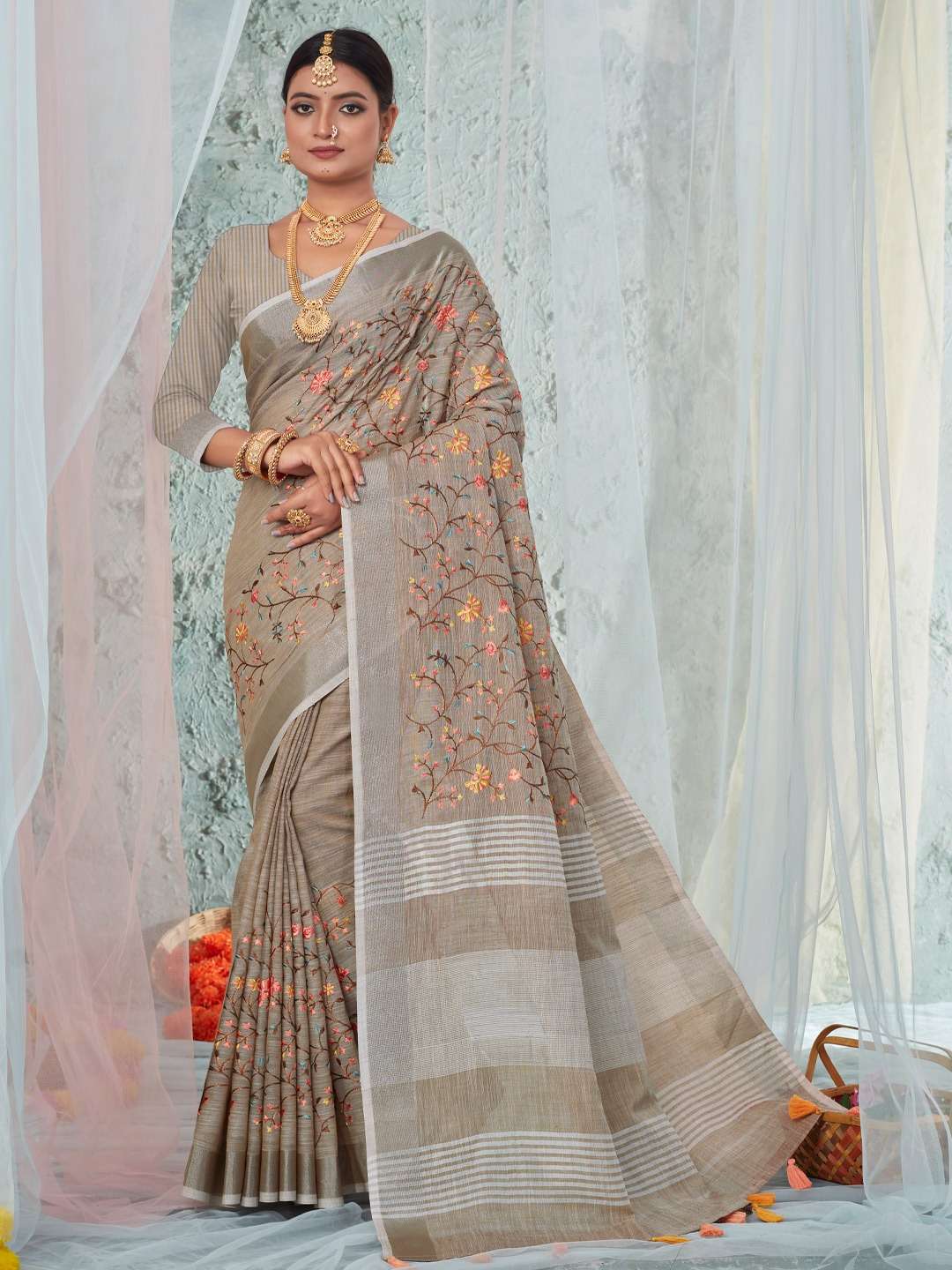 BUNAWAT KASHMIRA STYLE PURE LINEN PRINTED SAREES-00037