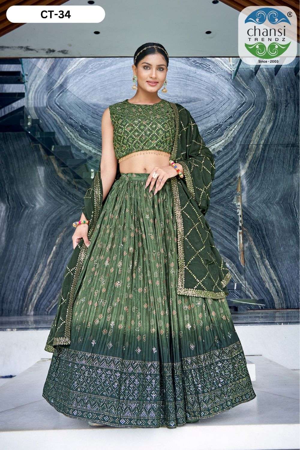 CHANSI TRENDZ 34-35 SERIES COLOUR PURE CHINON SILK EMBROIDERY LEHENGAS-00303